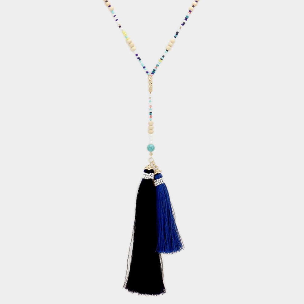 Multi Color Beaded Asymmetrical Tassel Necklace